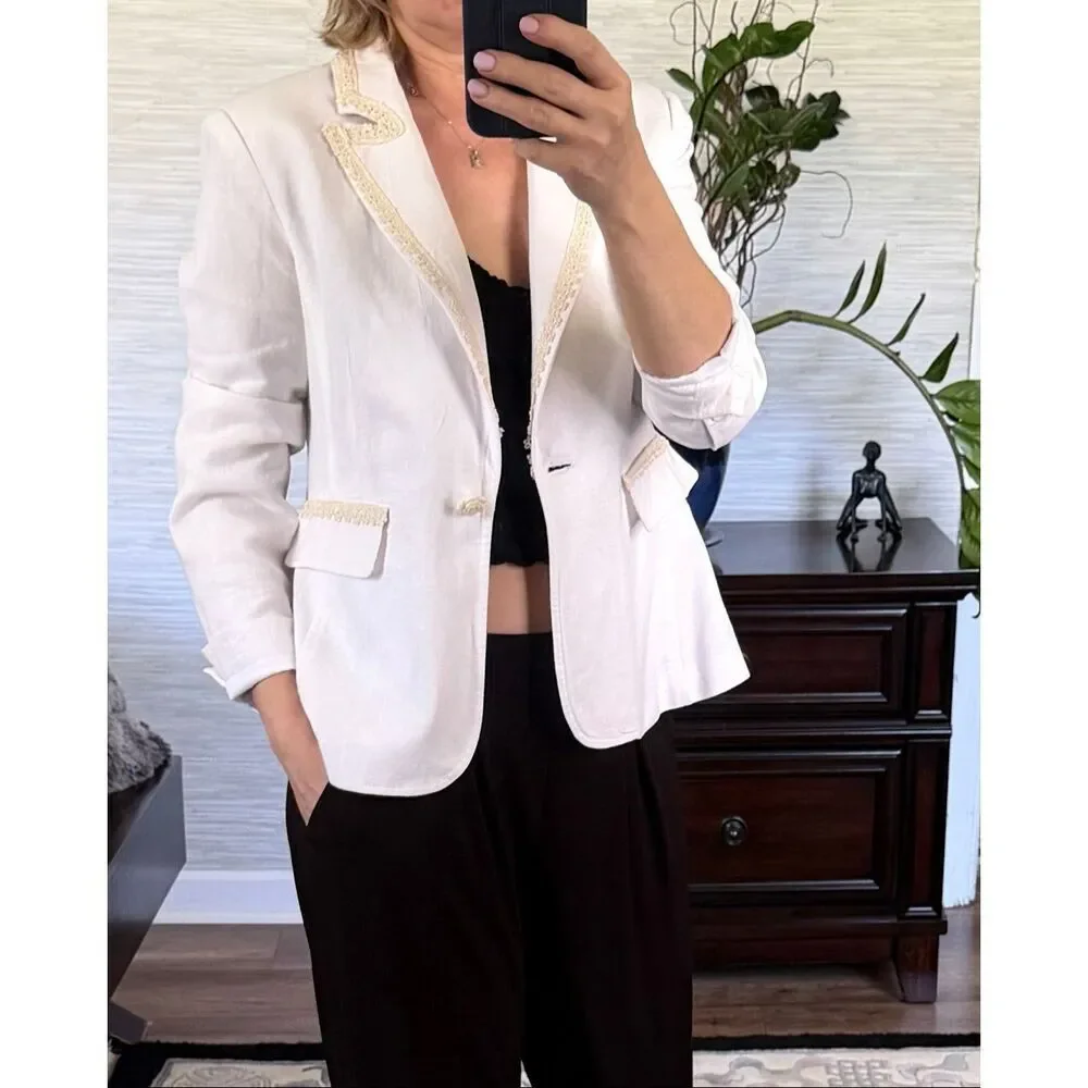 Chadwicks Classics Cream Linen Blend Blazer Size 2P Vintage Inspired